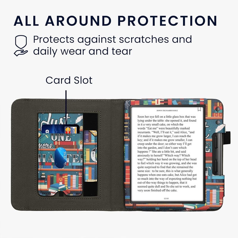 kwmobile Case Compatible with Kobo Libra Colour - Case PU Leather Cover with Magnet Closure, Stand, Strap, Card Slot - Library Motto Multicolor - Image 4